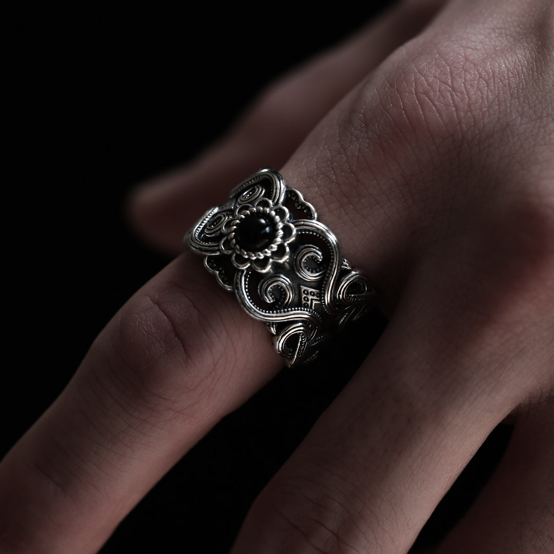 S925 Black Agate Ethnic Ring / B&C