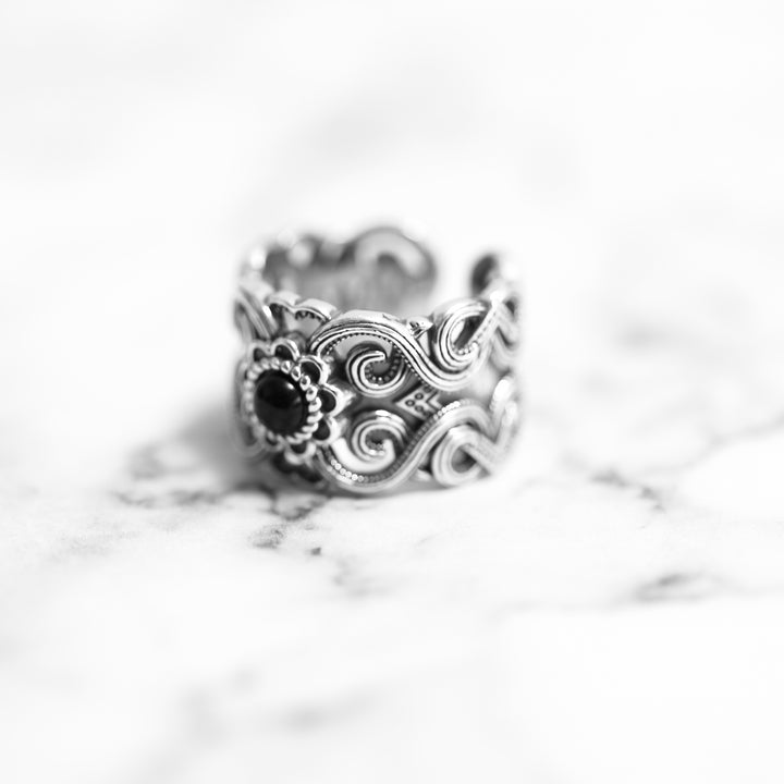 S925 Black Agate Ethnic Ring / B&C