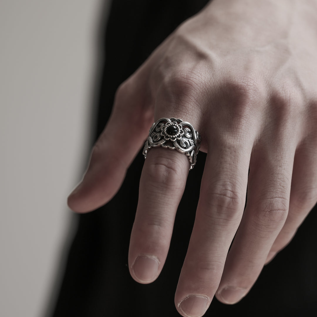 S925 Black Agate Ethnic Ring / B&C