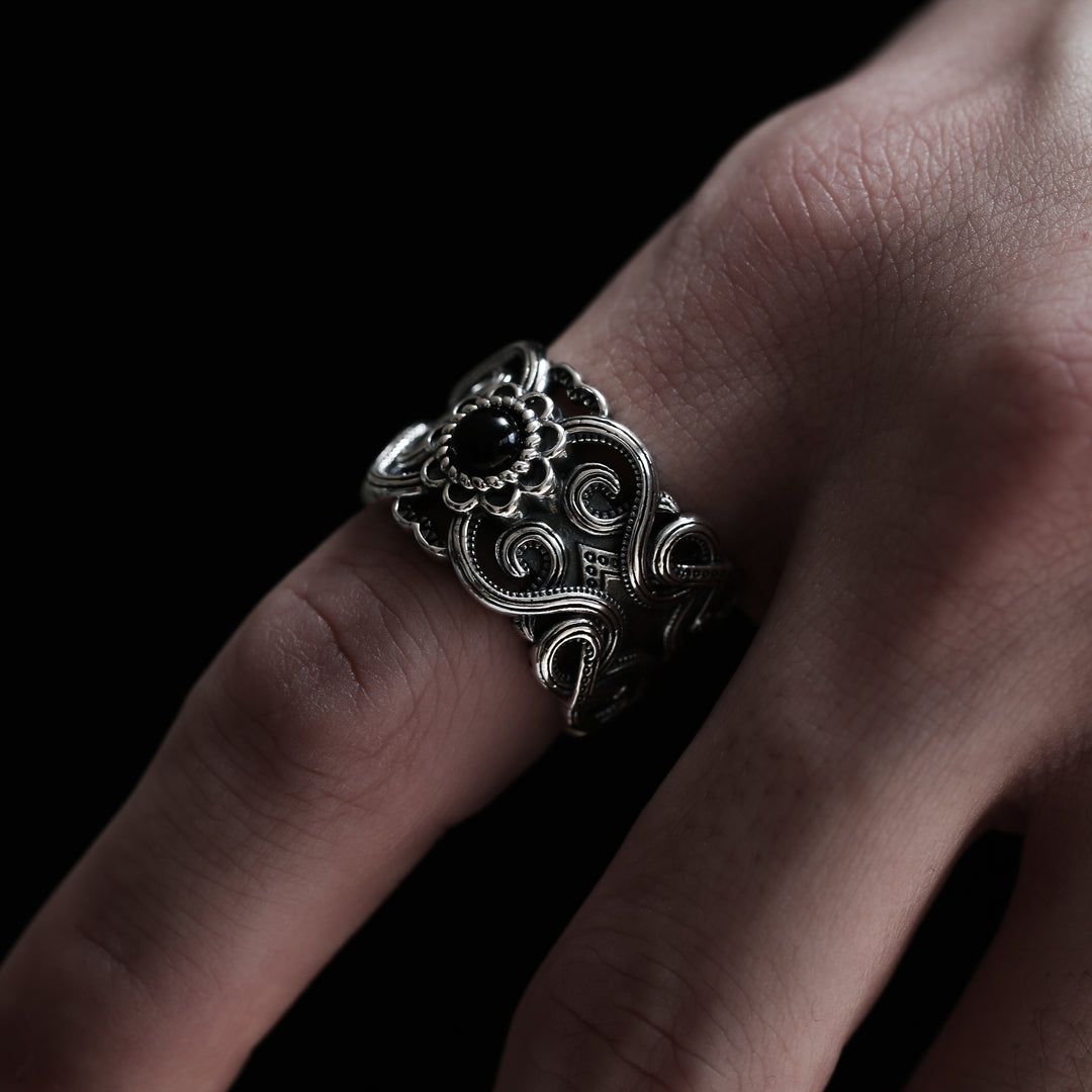 S925 Black Agate Ethnic Ring / B&C