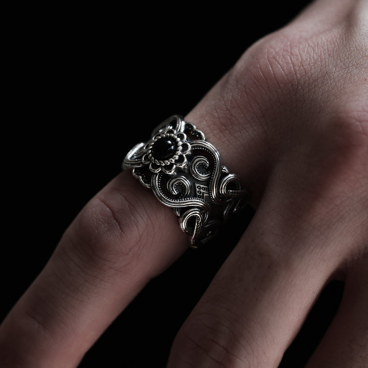 S925 Black Agate Ethnic Ring / B&C