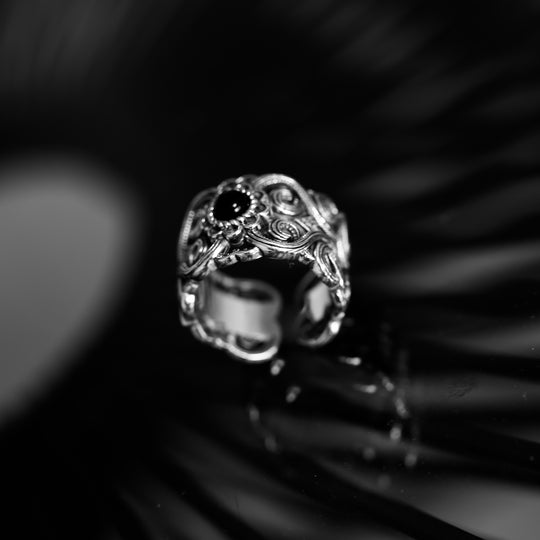 S925 Black Agate Ethnic Ring / B&C