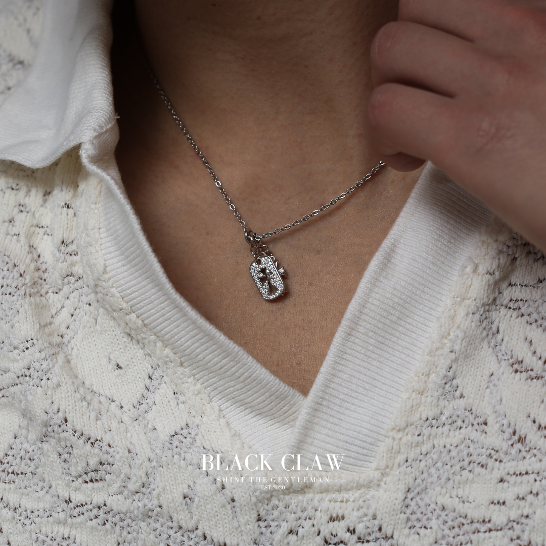 S925 Zirconia square and Cross necklace【SILVER】