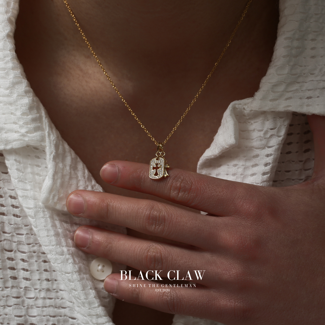 S925 Zirconia square and Cross necklace 【GOLD】