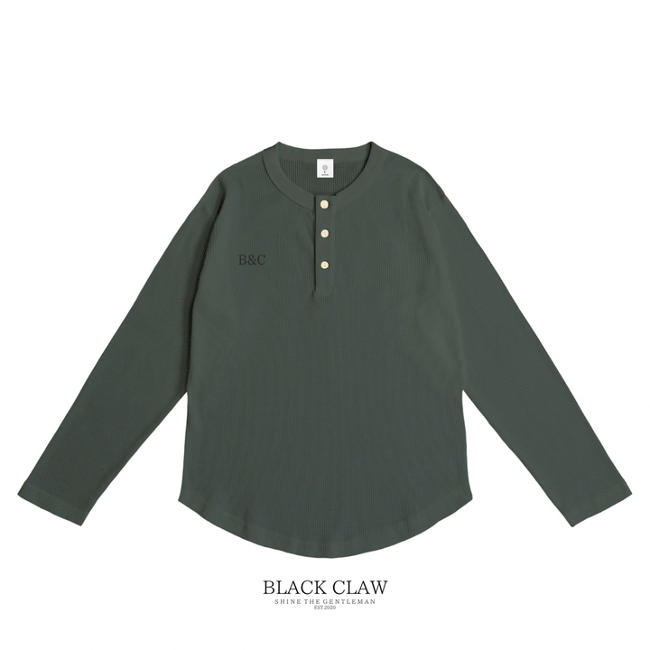 BLACK CLAW ワッフル ヘンリーネック ロンT グリーングレー 正面