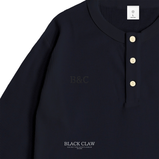 ワッフル ヘンリーネック ロンT【B&C】ネイビー