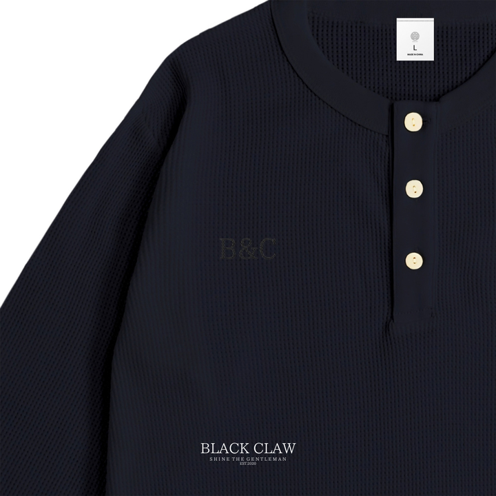 BLACK CLAW ワッフル ヘンリーネック ロンT ネイビー 襟元・ボタン・B&C刺繍ディテール