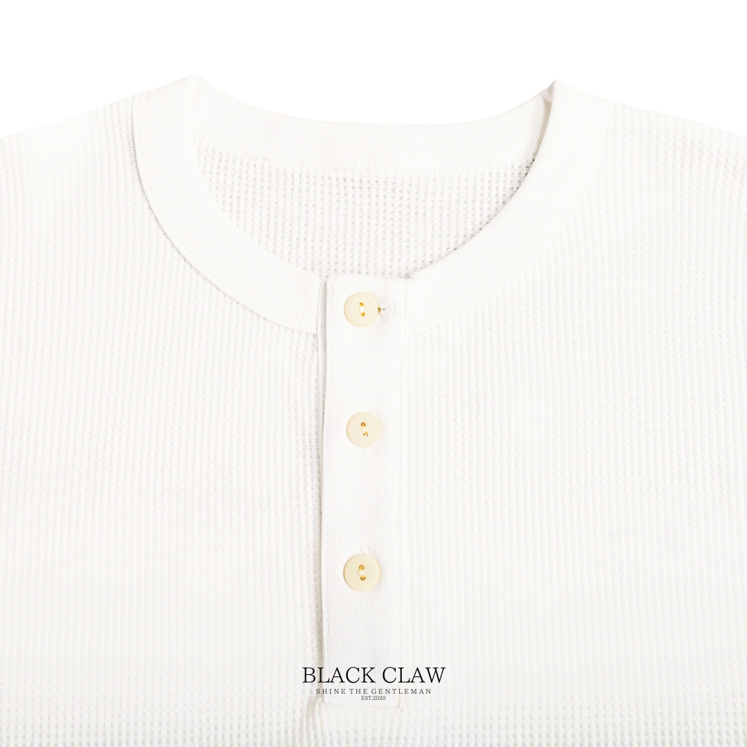 BLACK CLAW ワッフル ヘンリーネック ロンT ホワイト ワッフル生地ディテール