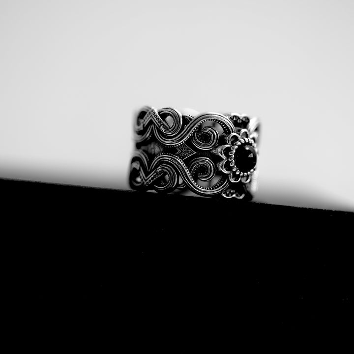 S925 Black Agate Ethnic Ring / B&C