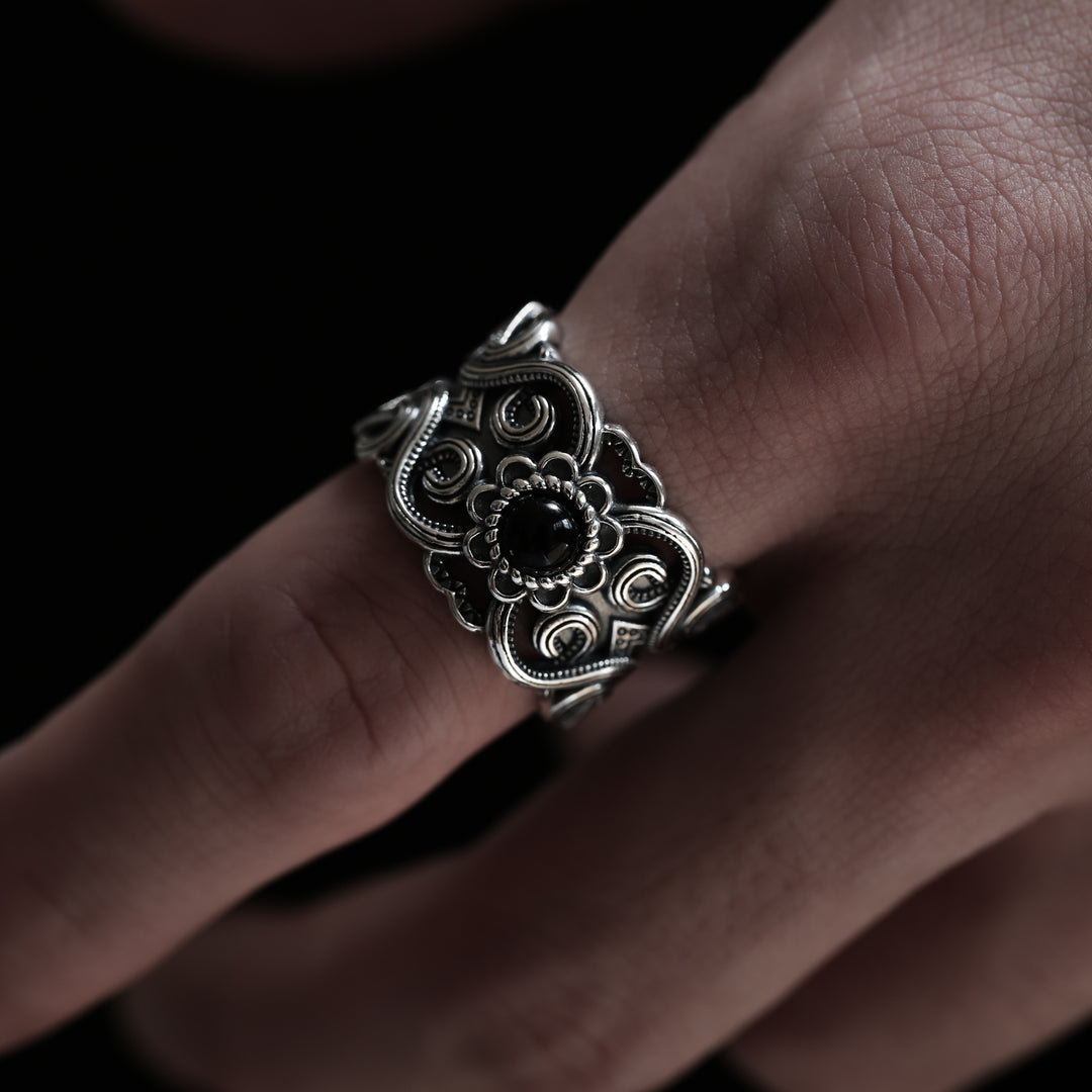 S925 Black Agate Ethnic Ring / B&C