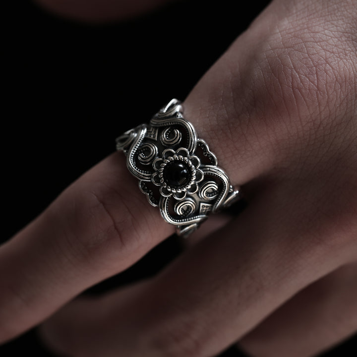 S925 Black Agate Ethnic Ring / B&C