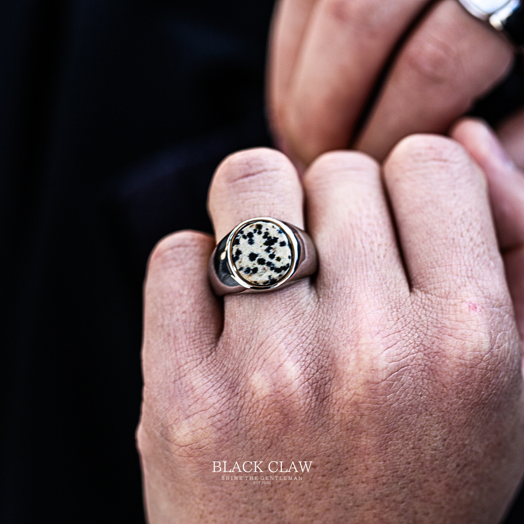 Dalmatian Stone Signet Ring SILVER 着用クローズアップ