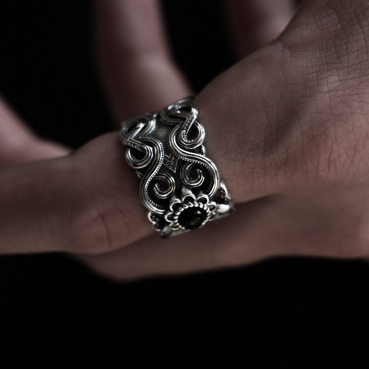S925 Black Agate Ethnic Ring / B&C